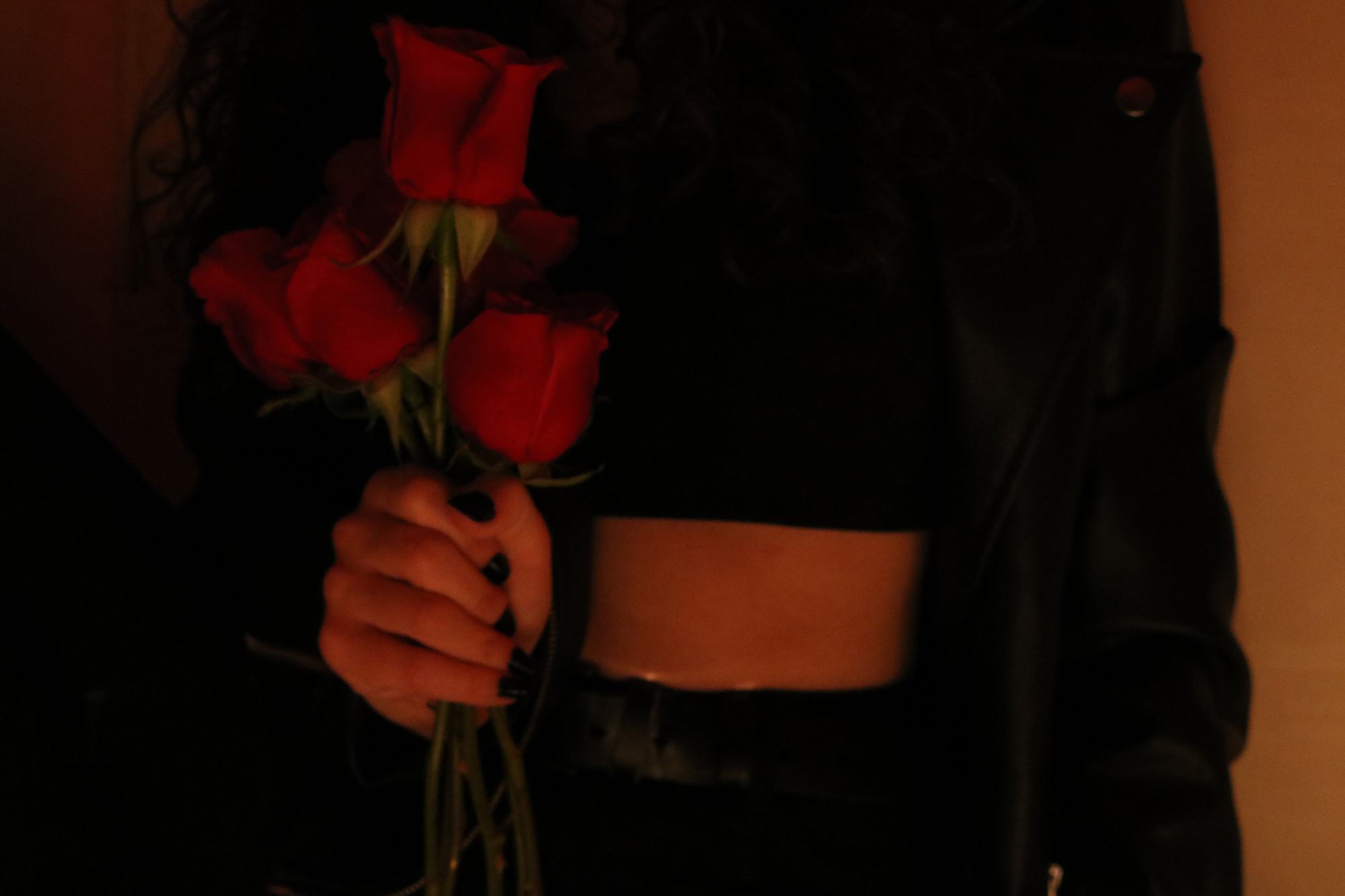 A person holding red roses