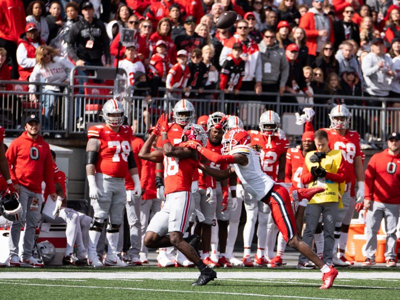 College Park, Maryland, USA. 25th Nov, 2017. Wide receiver DAESEAN HAMILTON  (5) eyes cornerback JC JACKSON (7) during the game held at Capital One  Field at Maryland Stadium in College Park, Maryland.