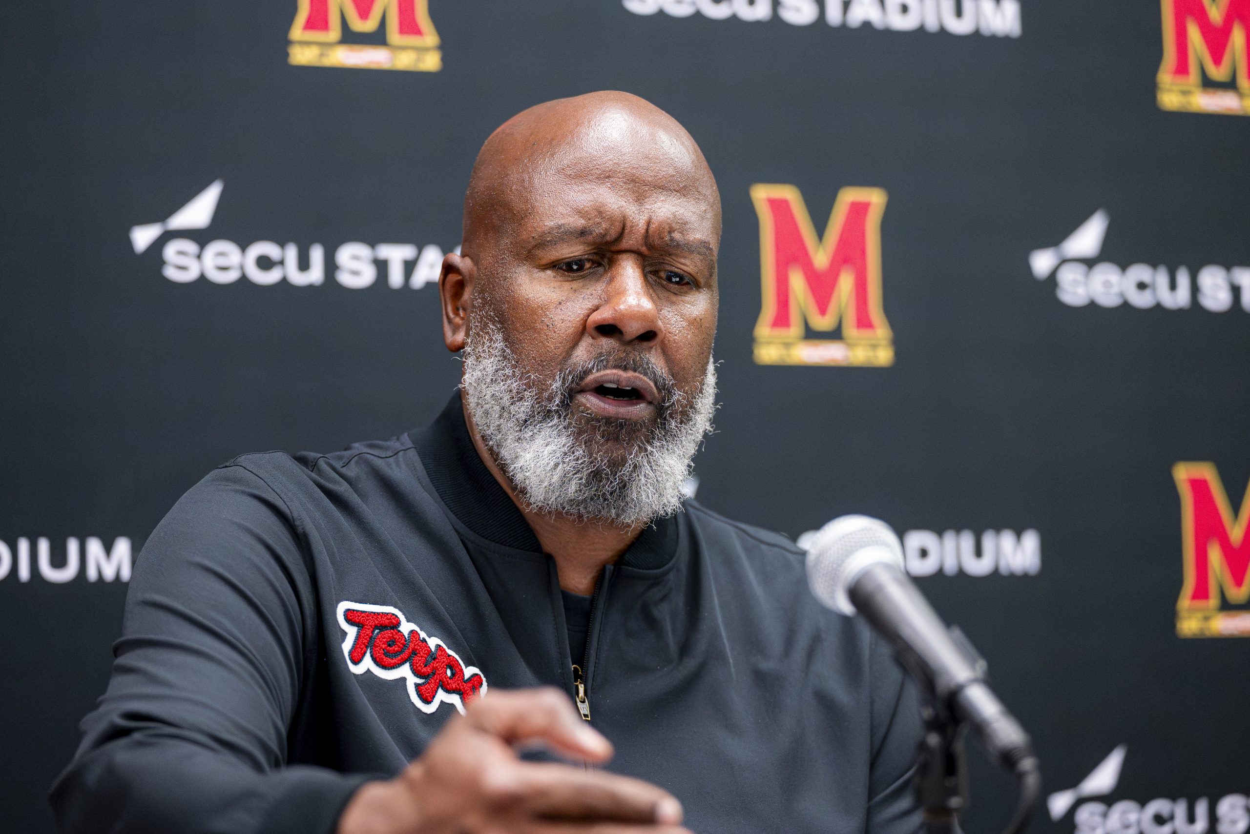 Coach Michael Locksley speaks at the post game press conference after Maryland's 20-17 loss against UCLA on Oct. 18, 2025. (Akash Raghu/The Diamondback)